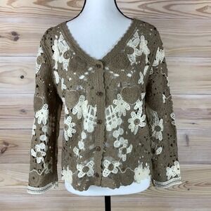 Anneliese Crochet Cardigan Women M Brown Floral Heart Button Front Boho Sweater